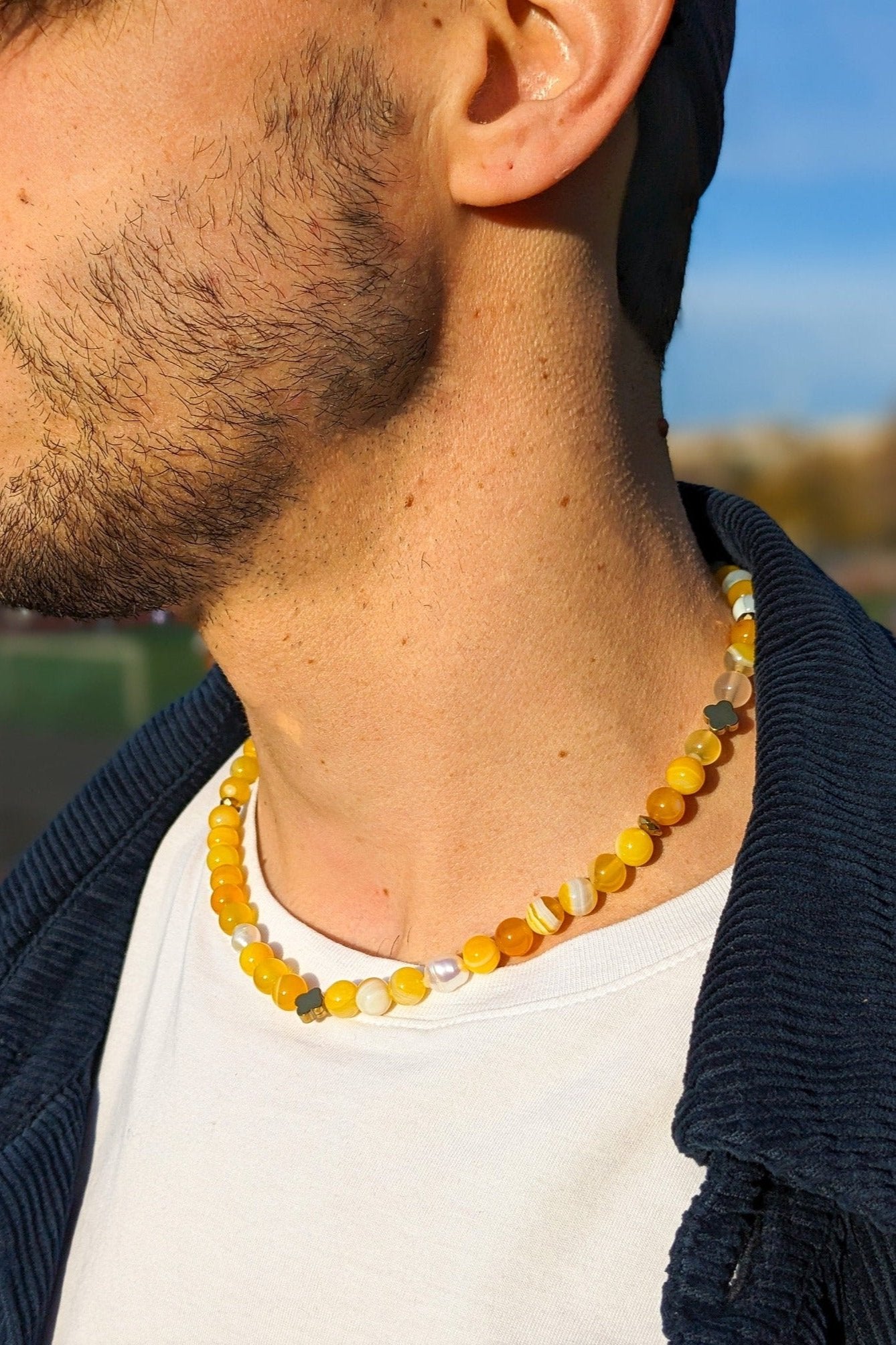 collier en perle agate jaune et hématite dorée